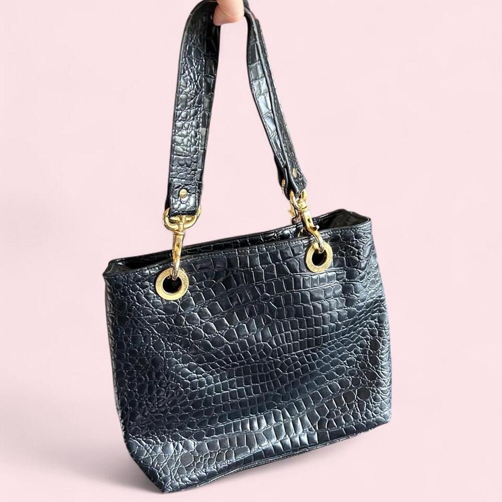 Black crocodile textured leather tote bag with gold hardware